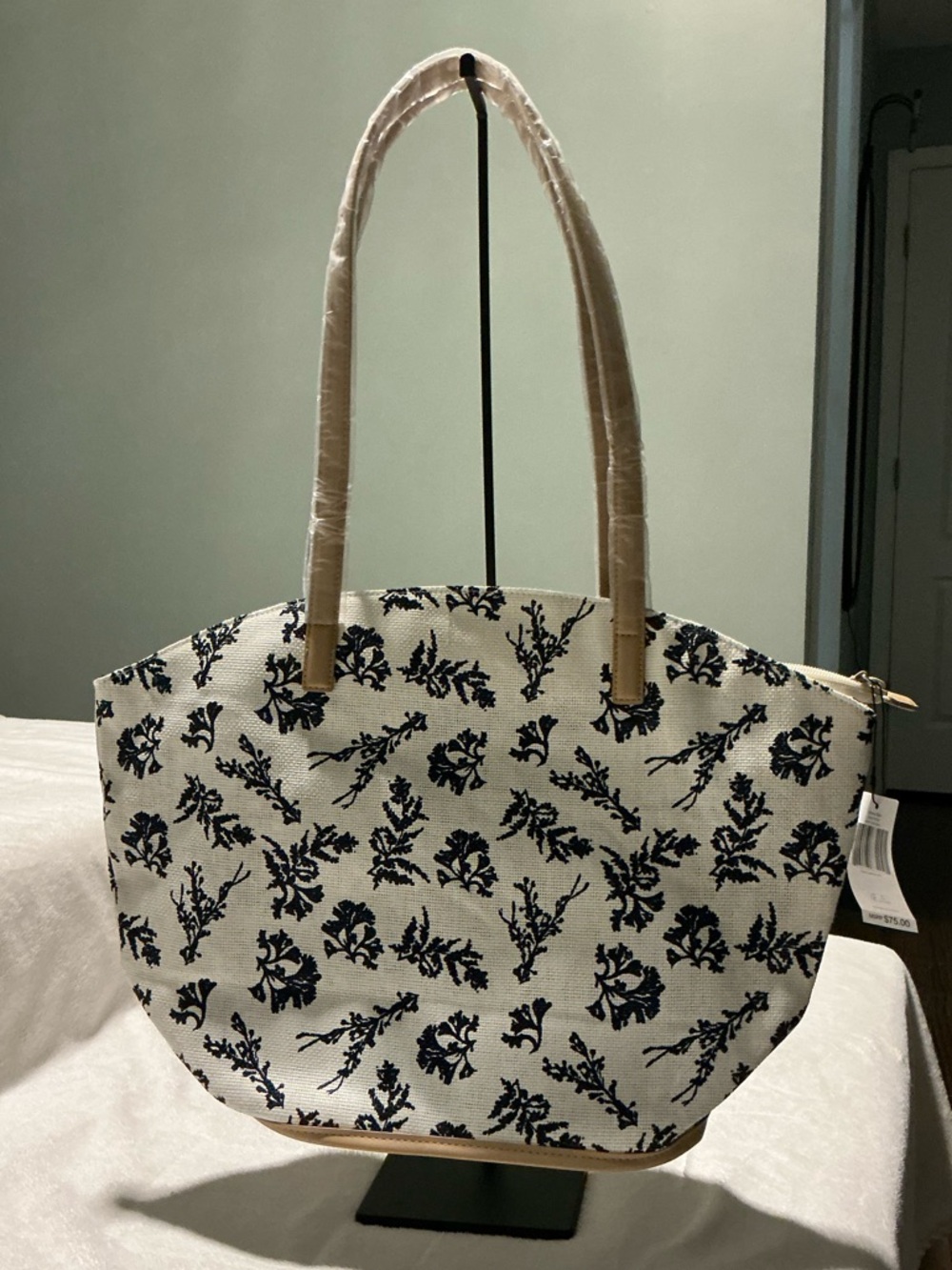Vera Bradley Straw Tote with Navy Floral Print and Tan Handles